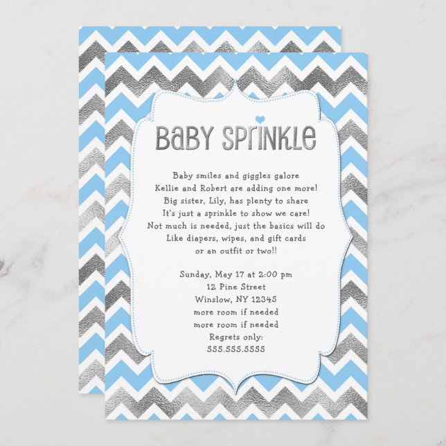 Blue Silver Baby Sprinkle boy baby shower invites (Front/Back)