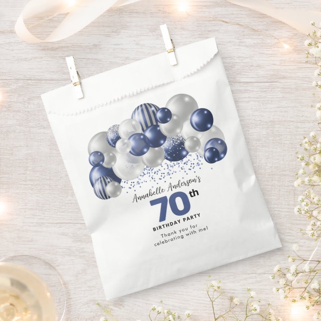 Blue Silver Balloon Glitter Favour 70th Birthday Bag (Clipped)