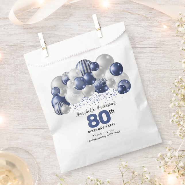 Blue Silver Balloon Glitter Favour 80th Birthday Bag (Clipped)