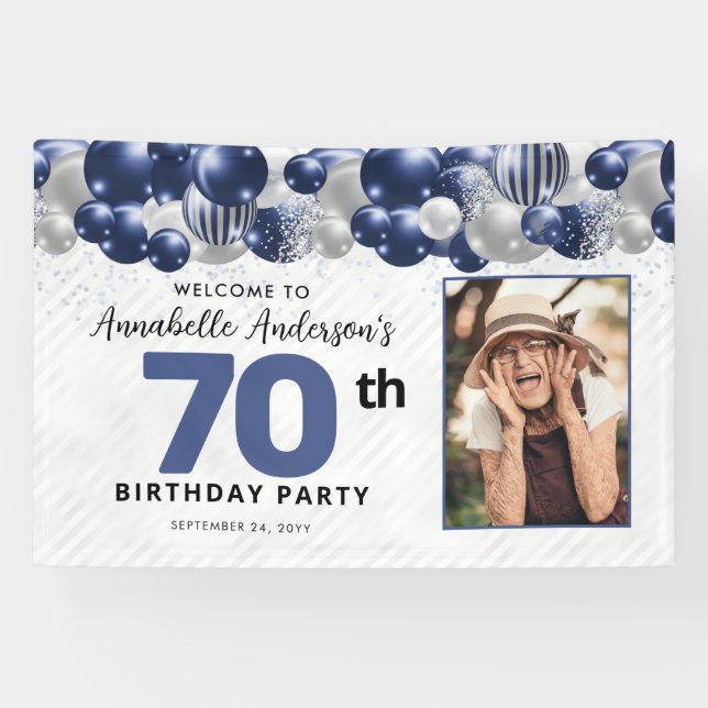 Blue Silver Balloon Photo 70th Birthday Welcome Banner (Horizontal)