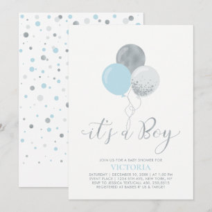Blue & Silver Balloons   It's a Boy Baby Shower Invitation