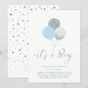 Blue & Silver Balloons It's a Boy Baby Shower Invitation