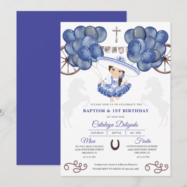 Blue & Silver Balloons Mexican Baby Charra Baptism Invitation (Front/Back)