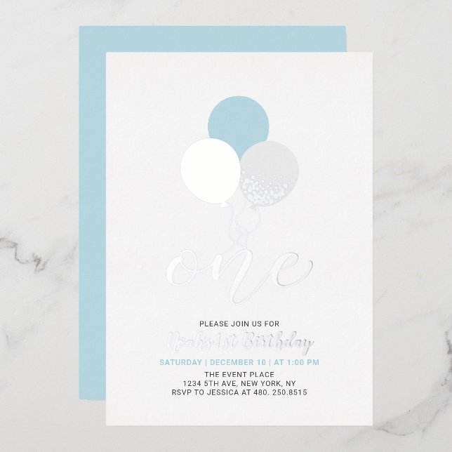 Blue & Silver Balloons One 1st Boy Birthday Party  (Front/Back)