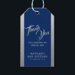 Blue Silver Bar Mitzvah Favour Thank You Gift Tags<br><div class="desc">Classic elegant blue and silver grey Bar Mitzvah Thank You favour gift tags with simple faux silver texture border edges and personalized text throughout with modern and ornate fonts for a unique look. Coordinating items available in the Paper Grape Zazzle Designer Shop Bar Mitzvah Section.</div>