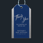 Blue Silver Bar Mitzvah Favour Thank You Gift Tags<br><div class="desc">Classic elegant blue and silver grey Bar Mitzvah Thank You favour gift tags with simple faux silver texture border edges and personalized text throughout with modern and ornate fonts for a unique look. Coordinating items available in the Paper Grape Zazzle Designer Shop Bar Mitzvah Section.</div>