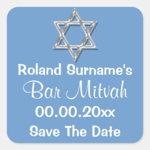 Blue silver bar mitzvah   save the date square sticker