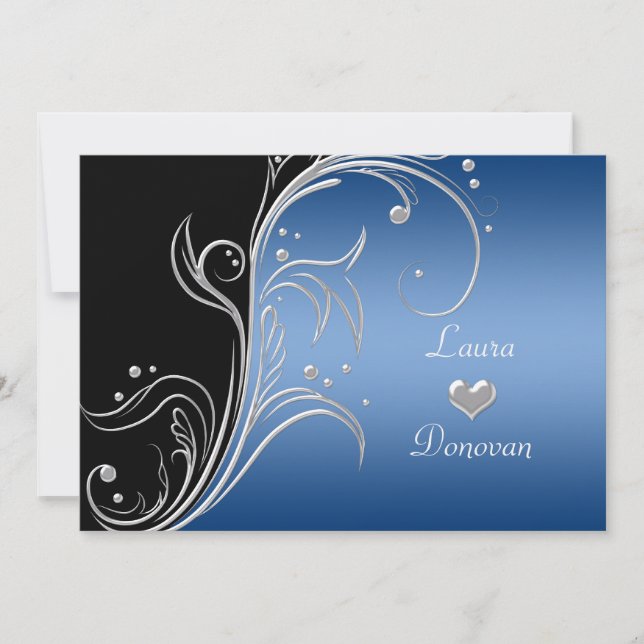 Blue Silver Black Floral Swirls Reception Only Invitation (Front)