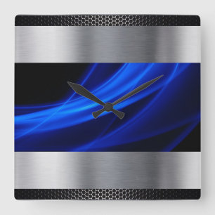 Blue, Silver, Black Square Wall Clock