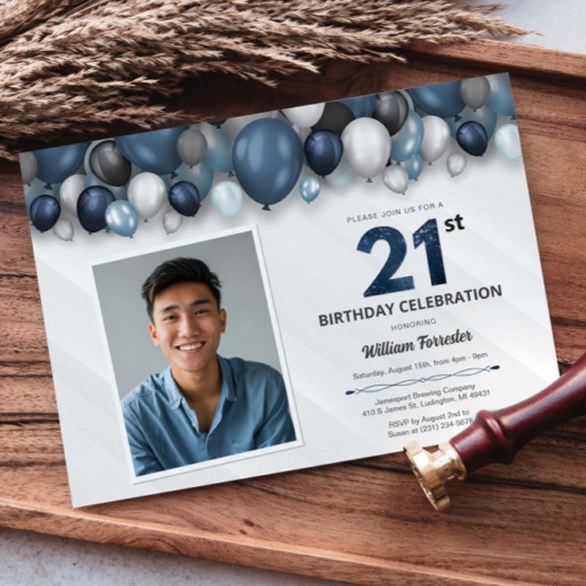 Blue Silver Black & White 21st Birthday Photo Invitation (Blue Silver Black & White 21st Birthday Photo Invitation)