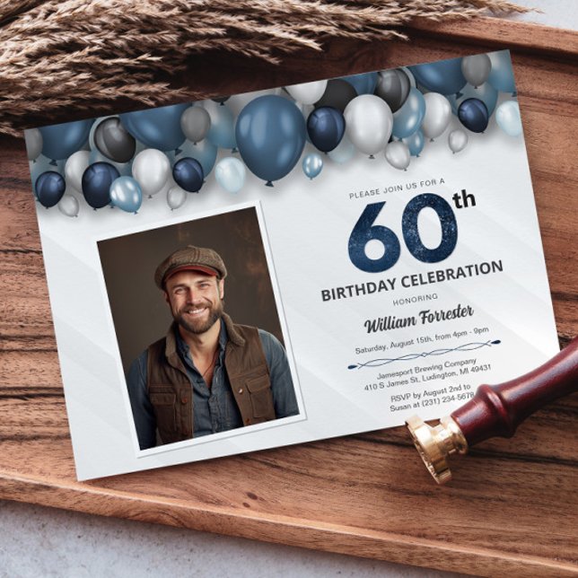 Blue Silver Black & White 60th Birthday Photo Invitation (Blue Silver Black & White 60th Birthday Photo Invitation)