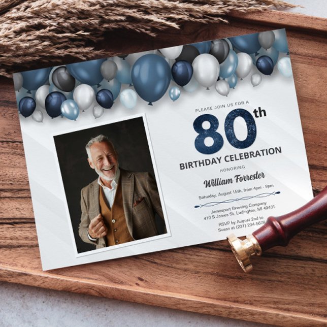 Blue Silver Black & White 80th Birthday Photo Invitation (Blue Silver Black & White 80th Birthday Photo Invitation)