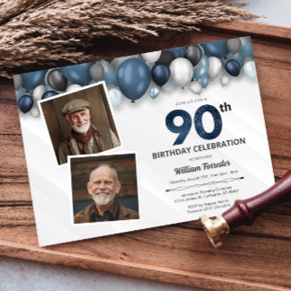 Blue Silver Black & White 90th Birthday 2 Photo Invitation