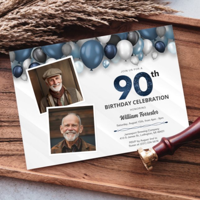Blue Silver Black & White 90th Birthday 2 Photo Invitation (Blue Silver Black & White 90th Birthday 2 Photo Invitation)