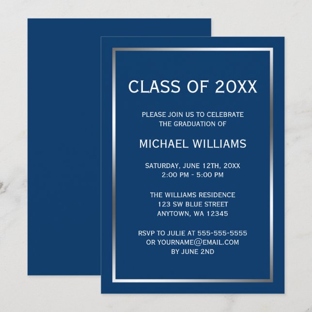 Blue Silver Border Graduation Announcement (Front/Back)