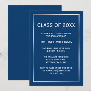 Blue Silver Border Graduation Announcement