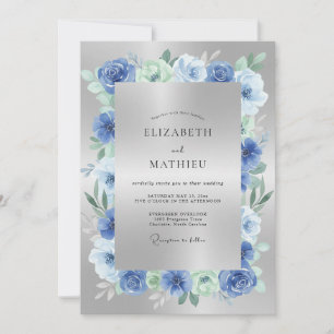 Blue Silver Botanical Flourish Wedding Invitation