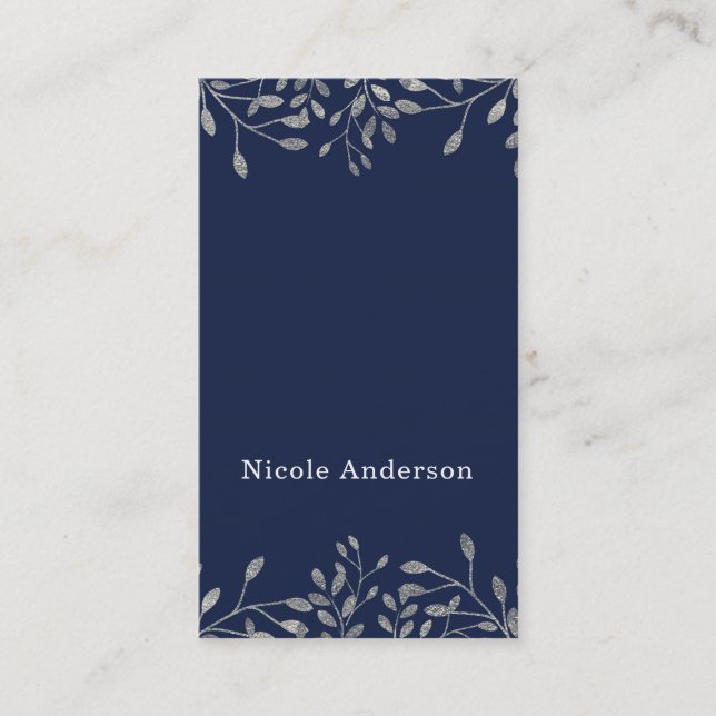 Blue & Silver Botanical Modern Elegant Chic Business Card (Front)