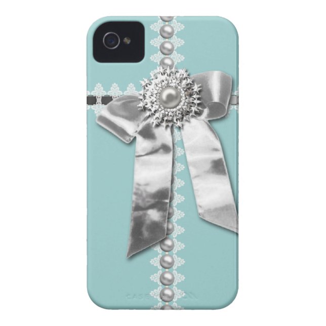 Blue Silver Bow Pearl Jewel Printed iPhone 4 Case (Back)