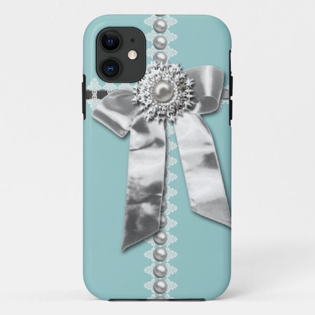 Blue Silver Bow Pearl Jewel Printed iPhone 5 Case (Back)