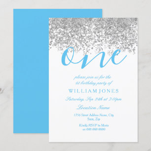 Blue Silver Boys 1st birthday party Invite
