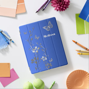 Blue Silver Butterflies, Floral iPad 2/3/4 Cover