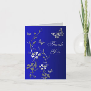 Blue Silver Butterfly Floral Thank You Note Card