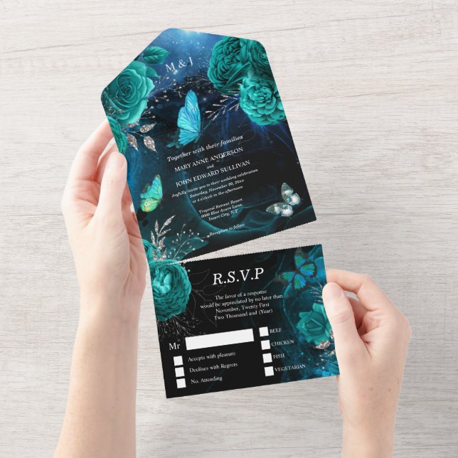 Blue silver butterfly wedding garden budget all in one invitation (Tearaway)