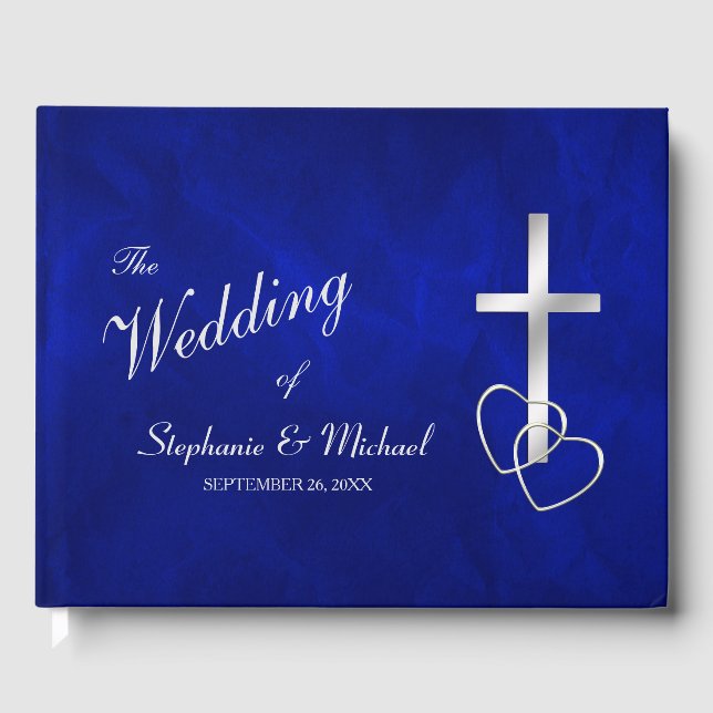 Blue Silver Christian Cross Wedding Guest Book (Front)