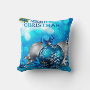 Blue & Silver Christmas Balls, Candy Cane, Stars Throw Pillow