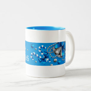 Blue & Silver Christmas Balls, Candy Cane, Stars Two-Tone Coffee Mug