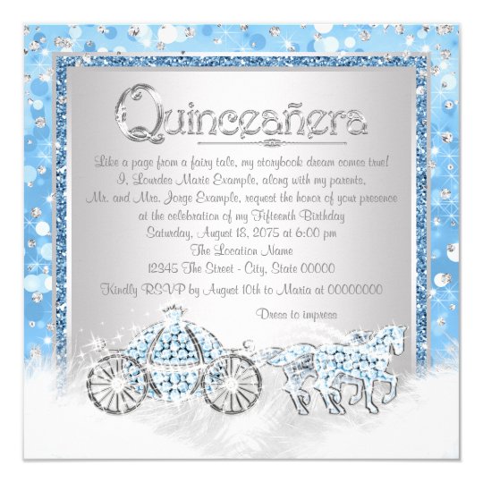 Blue Silver Cinderella Princess Quinceanera Card