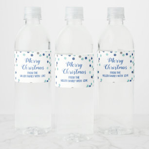 Blue Silver Confetti Custom Merry Christmas Water Bottle Label