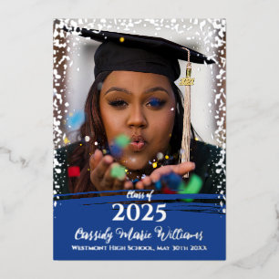 Blue Silver Confetti Foil Graduation Announcement