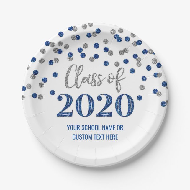 Blue Silver Confetti Graduation 2020 Paper Plate (Front)