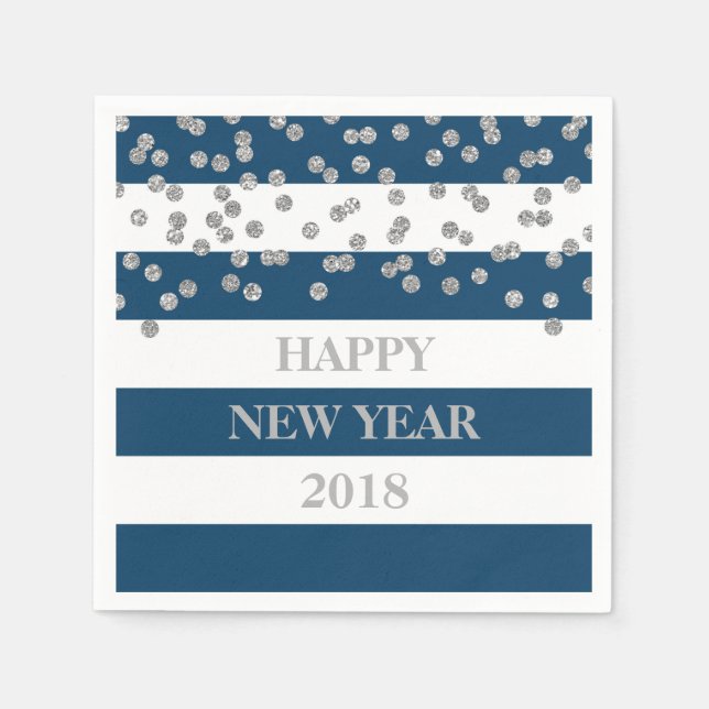 Blue Silver Confetti Happy New Year Napkins (Front)