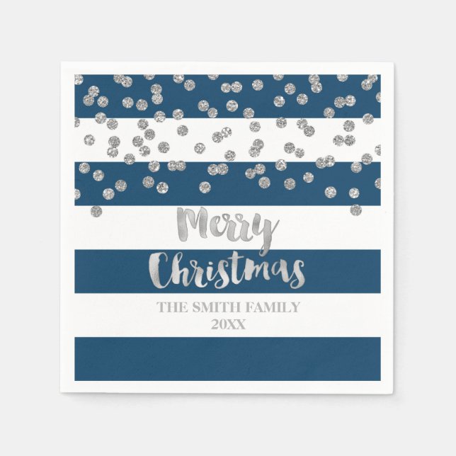 Blue Silver Confetti Merry Christmas Napkin (Front)