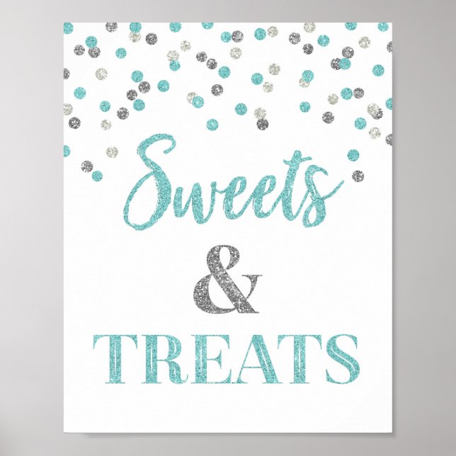 Blue Silver Confetti Sweets & Treats Dessert Table Poster (Front)