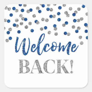 Blue Silver Confetti Welcome Back Square Sticker
