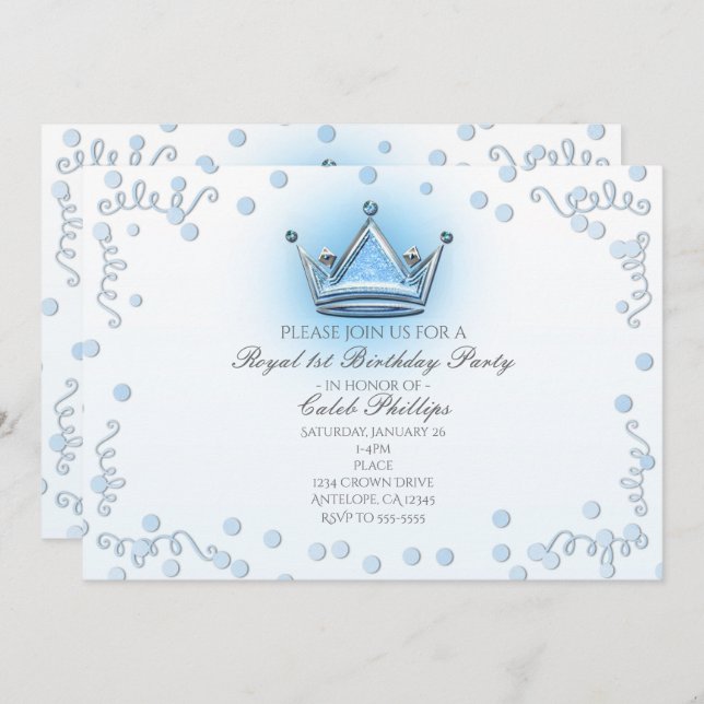 Blue & Silver Crown Party Confetti Invitation (Front/Back)