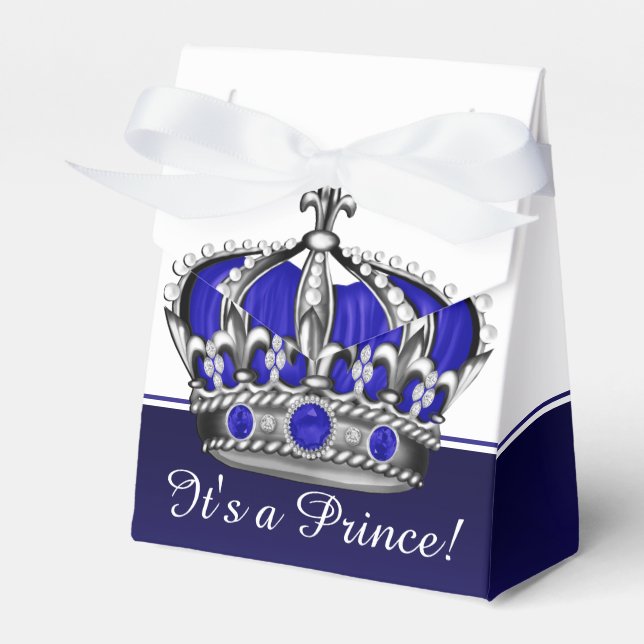 Blue Silver Crown Prince Boy Baby Shower Favor Box (Front Side)