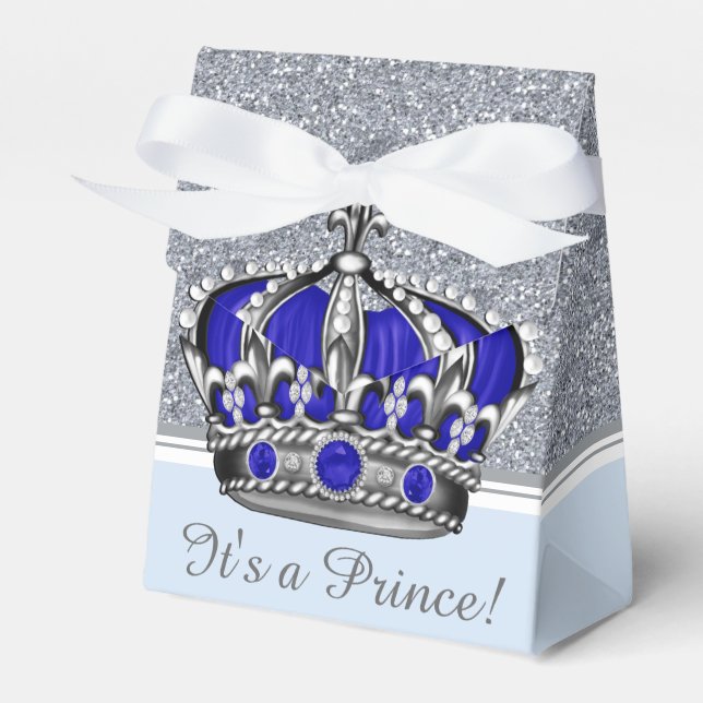 Blue Silver Crown Prince Boy Baby Shower Favor Box (Front Side)