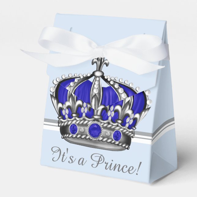 Blue Silver Crown Prince Boy Baby Shower Favor Box (Front Side)