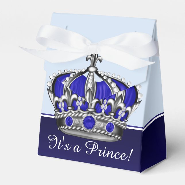Blue Silver Crown Prince Boy Baby Shower Favor Box (Front Side)