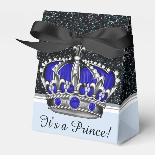 Blue Silver Crown Prince Boy Baby Shower Favor Box (Front Side)