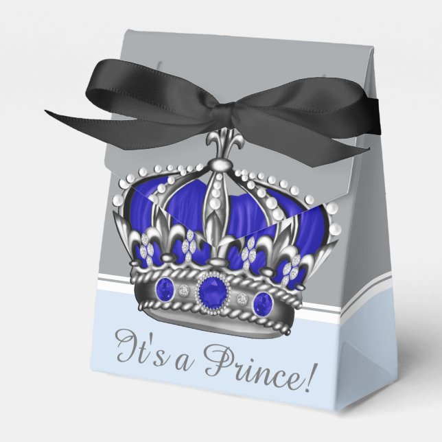 Blue Silver Crown Prince Boy Baby Shower Favor Box (Front Side)