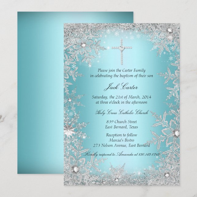 Blue Silver Crystal Snowflake Baptism/Christening Invitation (Front/Back)