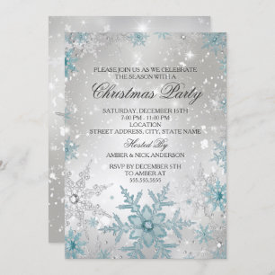 Blue & Silver Crystal Snowflake Christmas Party Invitation
