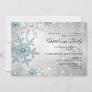Blue & Silver Crystal Snowflake Christmas Party Invitation