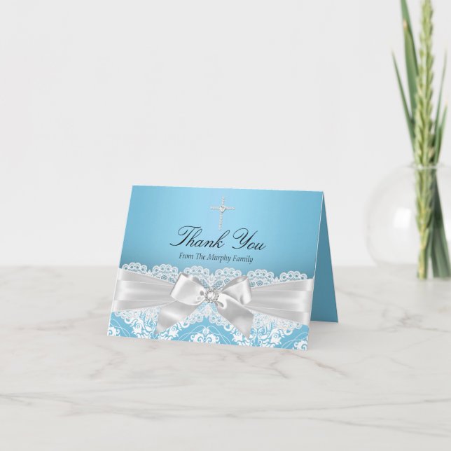 Blue Silver Damask & Bow Baptism Thank You Card (Front)